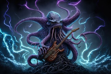 An octopus playing electric guitar. Generative AI.