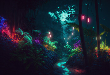 Obraz na płótnie Canvas Ai-Generated 3D Render of a Neon Jungle: Illuminated Foliage, Exotic Wildlife, and Reflections in the Mist