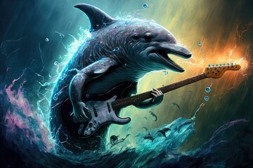 A dolphin playing electric guitar. Generative AI.