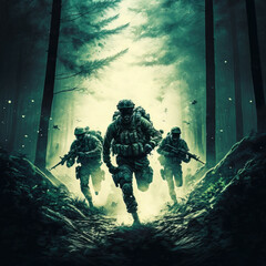military men with weapons run through the forest, drones fly in the sky. Generative AI