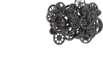 Obraz premium Mechanism black gears and cogs at work on spot light background. Industrial machinery. 3D illustration. 3D high quality rendering. PNG file format.