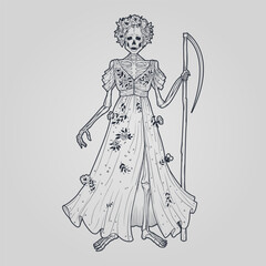 Hand drawn skeleton in a dress with a scythe. A wreath on the head of poppy flowers and roses. Tattoo design. Line art, outline, sketch, isolated. Vector illustration.