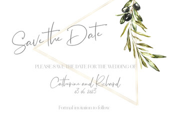 Watercolor greenery wedding stationery card design. Botanical gold polygonal frame wedding invitation card,  save the date triangle gold floral frame card. Olive illustration frames, wreath, border