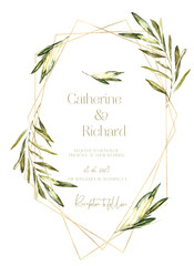 Watercolor greenery wedding stationery card design. Botanical gold polygonal frame wedding invitation card,  save the date triangle gold floral frame card. Olive illustration frames, wreath, border