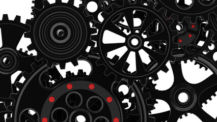 Mechanism black gears and cogs at work on spot light background. Industrial machinery. 3D illustration. 3D high quality rendering. PNG file format.