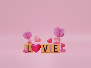 Love text in wooden blocks with heart and gift shape background
