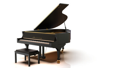 Black-gold Grand Piano under spot lighting background on white surface. 3D illustration. 3D CG. 3D high quality rendering. PNG file format. © DRN Studio