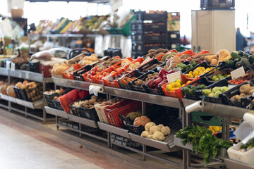 Row with fruits and vegetables in the market