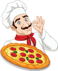 Cartoon chef man holding a pizza