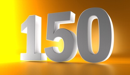 Number 150 in white on light yellow background, isolated number 3d rendering.