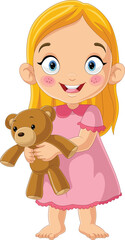 Cartoon little girl holding teddy bear