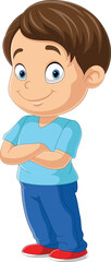 Cartoon little boy stands with arms crossed over his chest