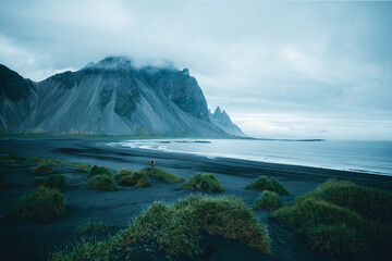 Young woman tourist standing at beach during cloudy day in Iceland. Location: Stokksnes cape