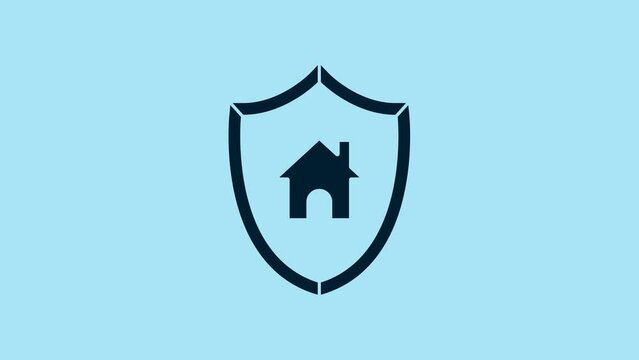 Blue House with shield icon isolated on blue background. Insurance concept. Security, safety, protection, protect concept. 4K Video motion graphic animation