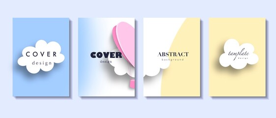 Valentine’s day concept tamplates set. Paper hearts, clouds, flying hot air balloon, yellow, blue background. trendy love sale banner, voucher template, greeting card