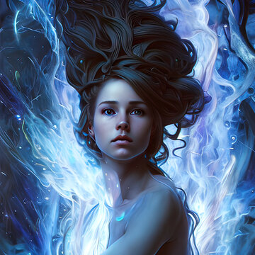 A Fictional Person, Portrait Of A Beautiful Woman With Her Hair Swirling In Water, With Blue Smokey Electric Background - Generative AI Illustration