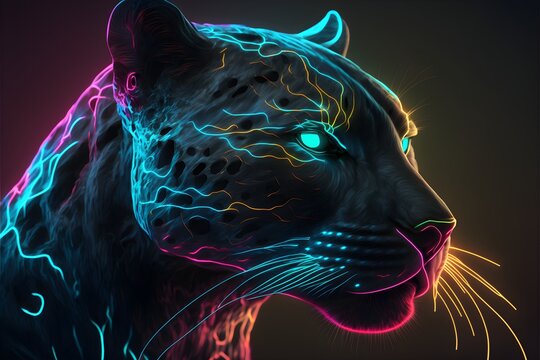 Digital art of a neon panther head. Generative AI.