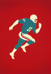 Fototapeta na wymiar Generative AI illustration of minimalist style retro American football player running against red background
