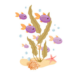 Cartoon fish in algae at the bottom of the aquarium.Vector graphics.
