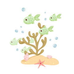 Cartoon fish in algae at the bottom of the aquarium.Vector graphics.