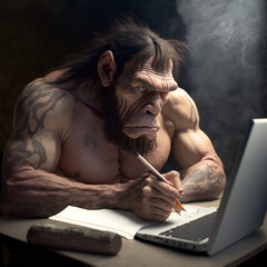 neanderthal using notebook