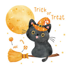 cute funny balck cat with orange witch hat sitting on flying broom with full moon in background, Halloween Trick or Treat, animal cartoon character watercolor illustration vector