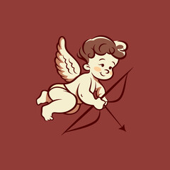 Flying Vector Cupid Boy Holding Bow, Aiming, Shooting Arrow, Hand Drawn with Outline in Retro, Vintage Comic Style. God of Love, Amor, Eros or Mythological Character with Wings