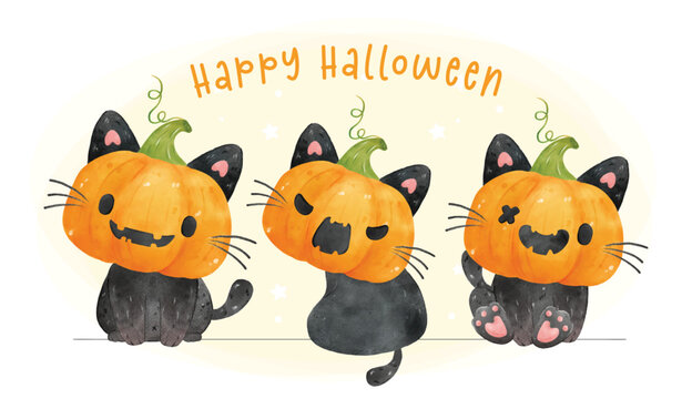 group of cute pumpkin head face balck cats  Hallooween watercolor hand drawn illustration vector