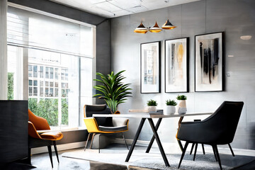 Bright, modern office design with sleek furnishings and decor, window view for corporate meetings and lounge. business seeking functional and stylish workspace, perfect  productivity and creativity.