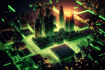 green glowing matrix city on a circuit board. poligonal birds eye view. chatGPT concept art. - obrazy, fototapety, plakaty