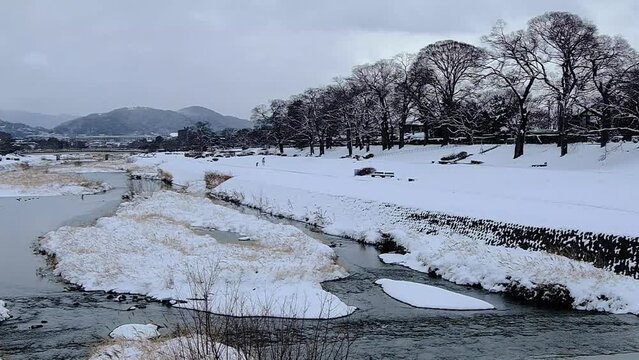 京都の冬景色，京都府京都市，鴨川は、桟敷ケ岳付近を源とし桂川の合流点に至るまで京都市内の南北を流れる約23kmの河川です。悠久の歴史の中で千年の都と京文化を育んできた川であり、今も大都市にあって清澄さを保ち、憩いの場として多くの人に親しまれています。冬，京都，日本，風景,，旅行，自然，木，背景，光，観光スポット