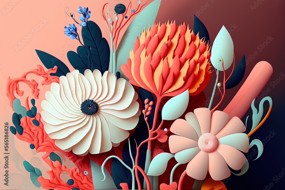 Poster colorful abstract patterns and forms between flowers, coral, and other floral elements generative ai