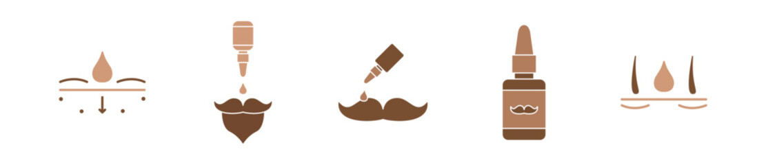 Facial hair growth kit modern line icon set, fbeard oil concept, barber tools modern vector icons, follicle moisturizer emblems, moustache growth liquid symbols isolated on white background
