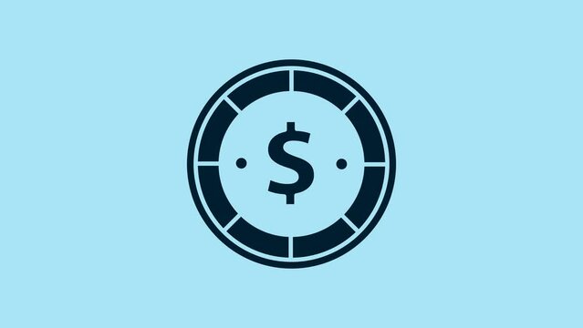 Blue Casino chip with dollar symbol icon isolated on blue background. Casino gambling. 4K Video motion graphic animation
