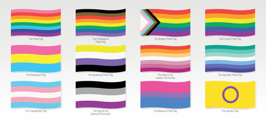 Waving flags LGBT, Pansexual, Non Binary, Lesbian, Gay, Transgender, Asexual, Bisexual, Intersex on white background. Vector image