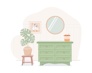 Country house interior. Retro style furniture. Green chest of drawers,  monstera plant in pot on stool, mirror, picture of geese on wall. Vector illustration in cartoon style in pastel colors.