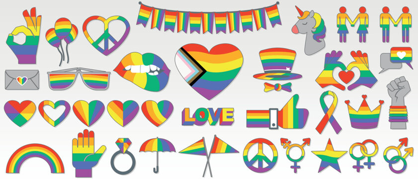 Set of LGBTIQ icons and design elements with the colors of the rainbow flag on white background. Vector image