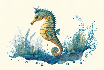 Illustration of a seahorse swimming in the ocean waves, isolated on white. Maritime composition suitable for print decorating. Markers Cardstock Stickers Generative AI