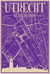 Purple hand-drawn framed poster of the downtown UTRECHT, NETHERLANDS with highlighted vintage city skyline and lettering