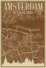 Brown hand-drawn framed poster of the downtown AMSTERDAM, NETHERLANDS with highlighted vintage city skyline and lettering