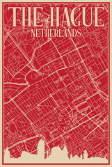 Red hand-drawn framed poster of the downtown THE HAGUE, NETHERLANDS with highlighted vintage city skyline and lettering