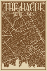 Brown hand-drawn framed poster of the downtown THE HAGUE, NETHERLANDS with highlighted vintage city skyline and lettering