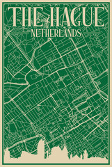Green hand-drawn framed poster of the downtown THE HAGUE, NETHERLANDS with highlighted vintage city skyline and lettering