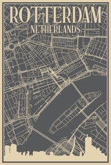 Grey hand-drawn framed poster of the downtown ROTTERDAM, NETHERLANDS with highlighted vintage city skyline and lettering