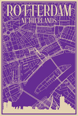 Purple hand-drawn framed poster of the downtown ROTTERDAM, NETHERLANDS with highlighted vintage city skyline and lettering
