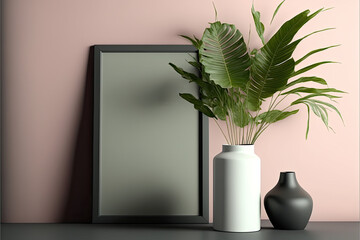 Minimalist Vertical Frame Mockup with Plant in Modern Interior - Multi-Color Wall Background - Perfect for Displaying Artwork, Painting, Photo or Poster