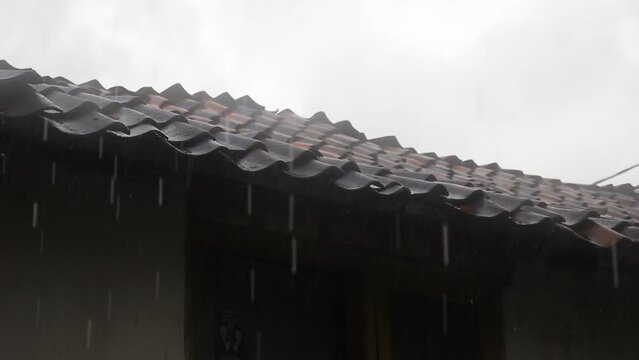 Portrait of Heavy Rain Wetting House Roofs