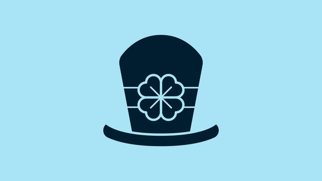Blue Leprechaun hat and four leaf clover icon isolated on blue background. Happy Saint Patricks day. 4K Video motion graphic animation