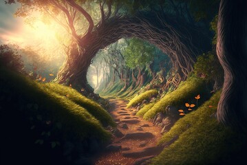 image of a magical woodland straight out of a fairy tale, complete with a winding path and golden sunlight Generative AI