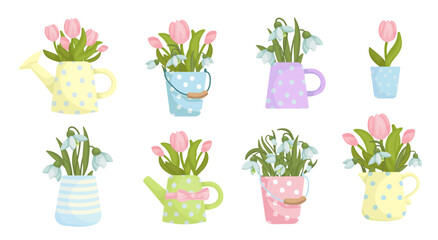 Set of vintage vases with spring bouquets of tulips and snowdrops.Vector graphics. © Катерина Якубович